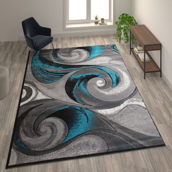 Tellus Collection 8' x 10' Olefin Turquoise Ocean Waves Pattern Area Rug with Jute Backing for Entryway, Living Room, Bedroom