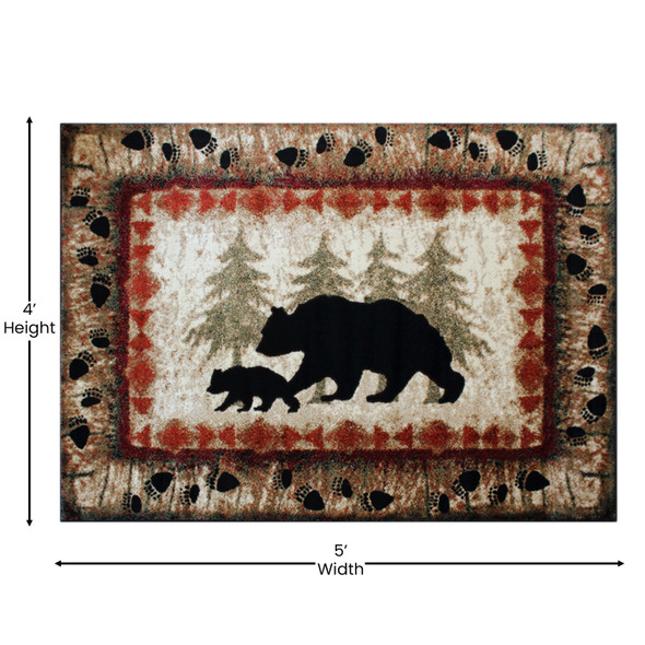 Ursus Collection 4' x 5' Rustic Lodge Wandering Black Bear and Cub Area Rug with Jute Backing