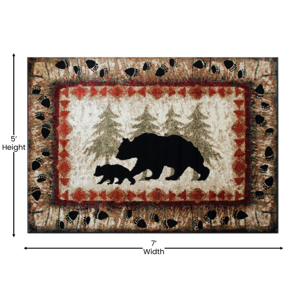 Ursus Collection 5' x 7' Rustic Lodge Wandering Black Bear and Cub Area Rug with Jute Backing