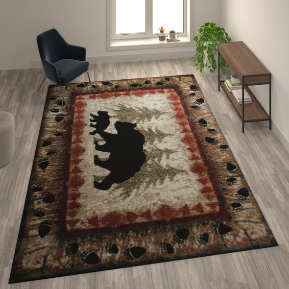 Ursus Collection 8' x 10' Rustic Lodge Wandering Black Bear and Cub Area Rug with Jute Backing