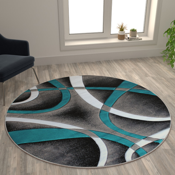 Atlan Collection 5' x 5' Turquoise Round Abstract Area Rug - Olefin Rug with Jute Backing - Entryway, Living Room or Bedroom