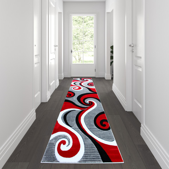 Athos Collection 3' x 10' Red Abstract Area Rug - Olefin Rug with Jute Backing - Hallway, Entryway, or Bedroom