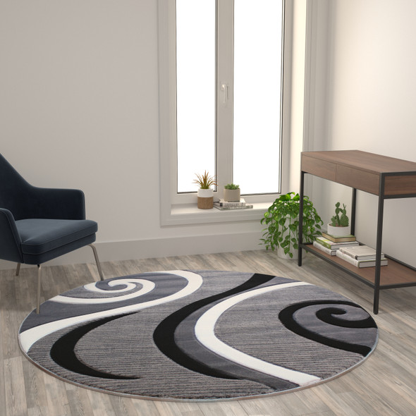 Athos Collection 5' x 5' Gray Abstract Area Rug - Olefin Rug with Jute Backing - Hallway, Entryway, or Bedroom