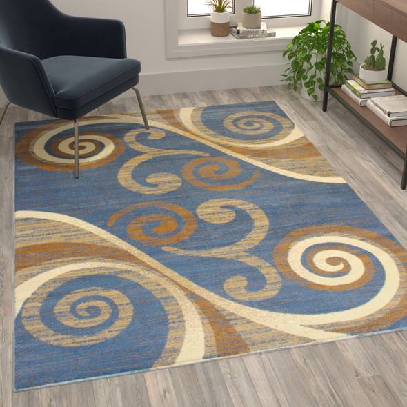 Valli Collection 5' x 7' Blue Abstract Area Rug - Olefin Rug with Jute Backing - Hallway, Entryway, Bedroom, Living Room