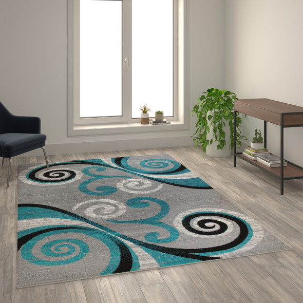 Valli Collection 6' x 9' Turquoise Abstract Area Rug - Olefin Rug with Jute Backing - Hallway, Entryway, Bedroom, Living Room