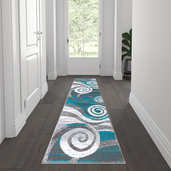 Cirrus Collection 2' x 7' Turquoise Swirl Patterned Olefin Area Rug with Jute Backing for Entryway, Living Room, Bedroom