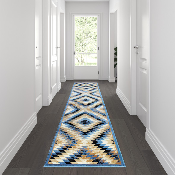 Teagan Collection Southwestern 2' x 11' Blue Area Rug - Olefin Rug with Jute Backing - Entryway, Living Room, Bedroom