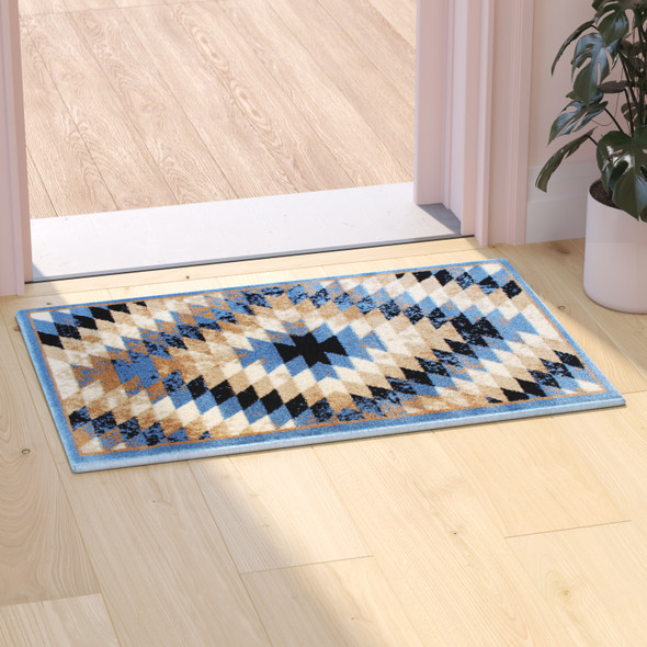 Teagan Collection Southwestern 2' x 3' Blue Area Rug - Olefin Rug with Jute Backing - Entryway, Living Room, Bedroom