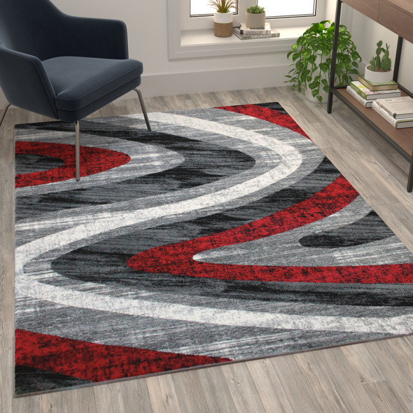 Altum Collection 5' x 7' Red Wave Patterned Olefin Area Rug with Jute Backing for Entryway, Living Room, Bedroom