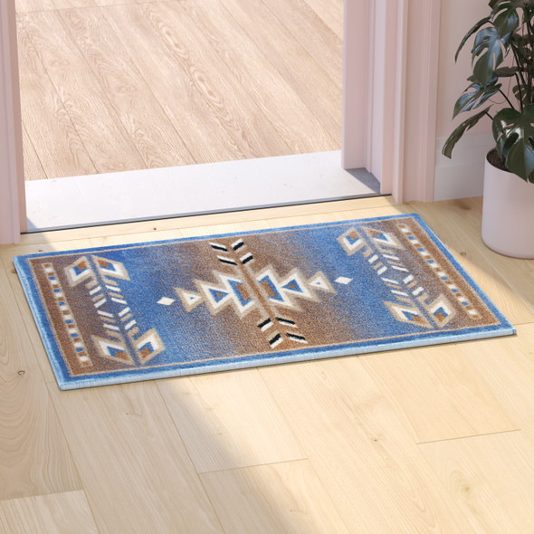 Lodi Collection Southwestern 2' x 3' Blue Area Rug - Olefin Rug with Jute Backing for Hallway, Entryway, Bedroom, Living Room