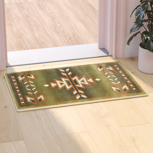 Lodi Collection Southwestern 2' x 3' Green Area Rug - Olefin Rug with Jute Backing for Hallway, Entryway, Bedroom, Living Room