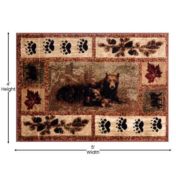 Vassa Collection 4' x 5' Mother Bear & Cubs Nature Themed Olefin Area Rug with Jute Backing for Entryway, Living Room, Bedroom