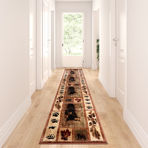 Vassa Collection 2' x 11' Mother Bear & Cubs Nature Themed Olefin Area Rug with Jute Backing for Entryway, Living Room, Bedroom