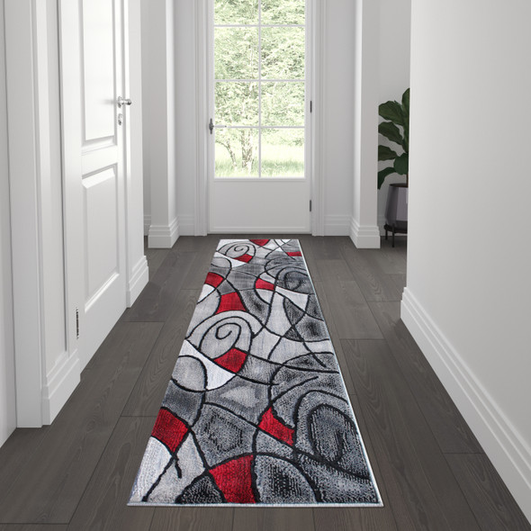 Jubilee Collection 2' x 7' Red Abstract Area Rug - Olefin Rug with Jute Backing for Hallway, Entryway, Bedroom, Living Room