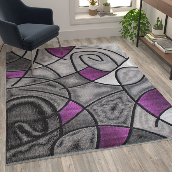 Jubilee Collection 5' x 7' Purple Abstract Area Rug - Olefin Rug with Jute Backing - Living Room, Bedroom, & Family Room