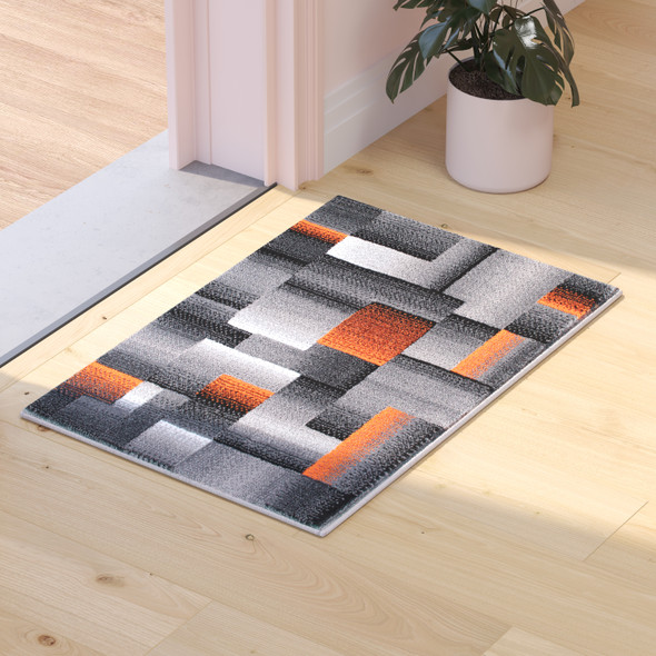 Elio Collection 2' x 3' Orange Color Blocked Area Rug - Olefin Rug with Jute Backing - Entryway, Living Room, or Bedroom