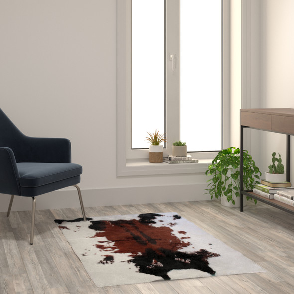 Barstow Collection 3' x 5' Brown Faux Cowhide Print Area Rug with Polyester Backing for Living Room, Bedroom, Entryway