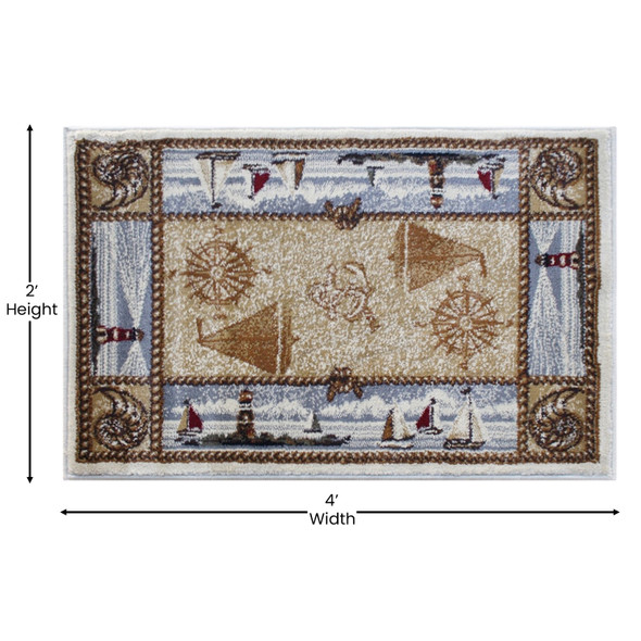 Sovalye Collection Beige Nautical Themed 2' x 3' Area Rug with Jute Backing for Living Room, Bedroom, Entryway