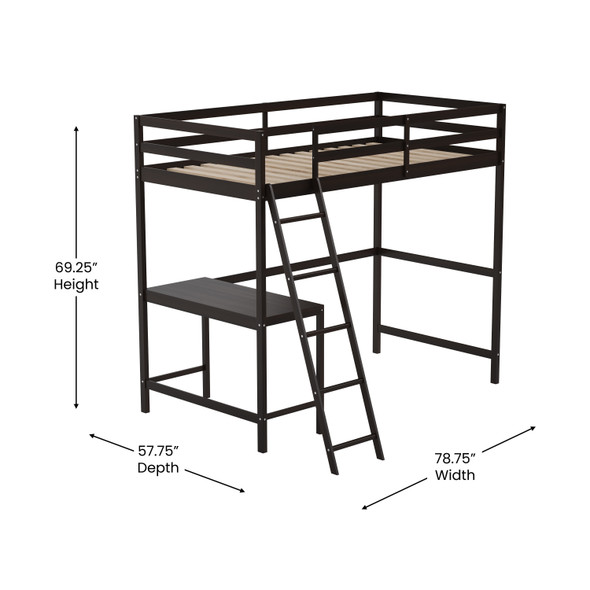 Riley Loft Bed Frame with Desk, Twin Size Wooden Bed Frame with Protective Guard Rails & Ladder for Kids, Teens and Adults - Espresso