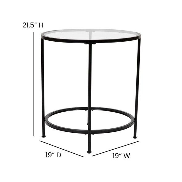 Astoria Collection Round End Table - Modern Clear Glass Accent Table with Matte Black Frame