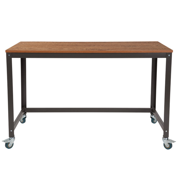 Livingston Collection Computer Table and Desk in Brown Oak Wood Grain Finish with Metal Wheels