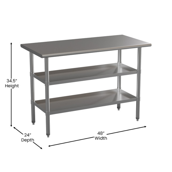 Hogan Stainless Steel 18 Gauge Work Table with 2 Undershelves - NSF Certified - 48"W x 24"D x 34.5"H