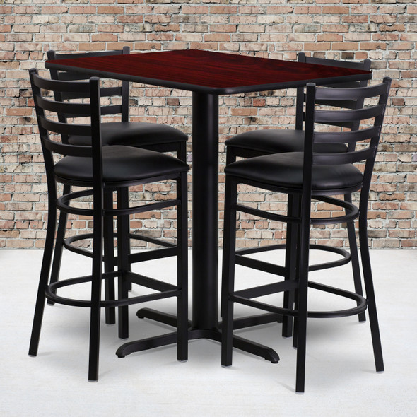 Carlton 24''W x 42''L Rectangular Mahogany Laminate Table Set with 4 Ladder Back Metal Barstools - Black Vinyl Seat