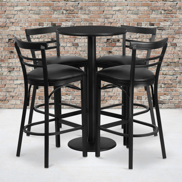 Jamie 24'' Round Black Laminate Table Set with Round Base and 4 Two-Slat Ladder Back Metal Barstools - Black Vinyl Seat