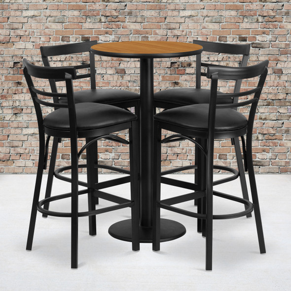 Jamie 24'' Round Natural Laminate Table Set with Round Base and 4 Two-Slat Ladder Back Metal Barstools - Black Vinyl Seat