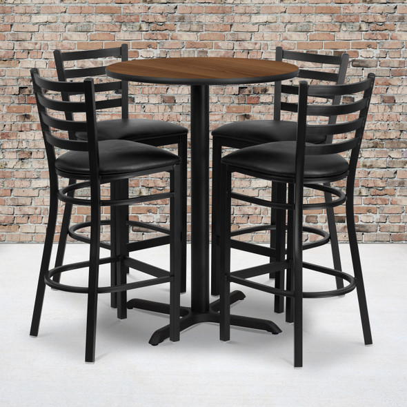 Carlton 30'' Round Walnut Laminate Table Set with X-Base and 4 Ladder Back Metal Barstools - Black Vinyl Seat