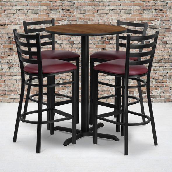 Carlton 30'' Round Walnut Laminate Table Set with X-Base and 4 Ladder Back Metal Barstools - Burgundy Vinyl Seat