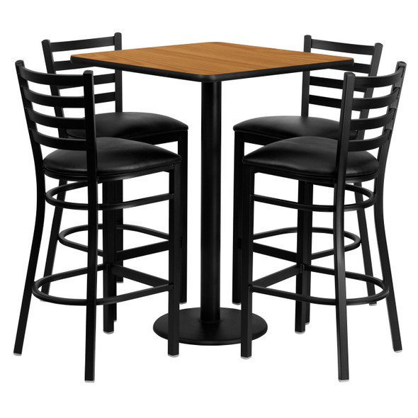 Clark 30'' Square Natural Laminate Table Set with 4 Ladder Back Metal Barstools - Black Vinyl Seat