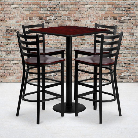 Clark 30'' Square Mahogany Laminate Table Set with 4 Ladder Back Metal Barstools - Mahogany Wood Seat