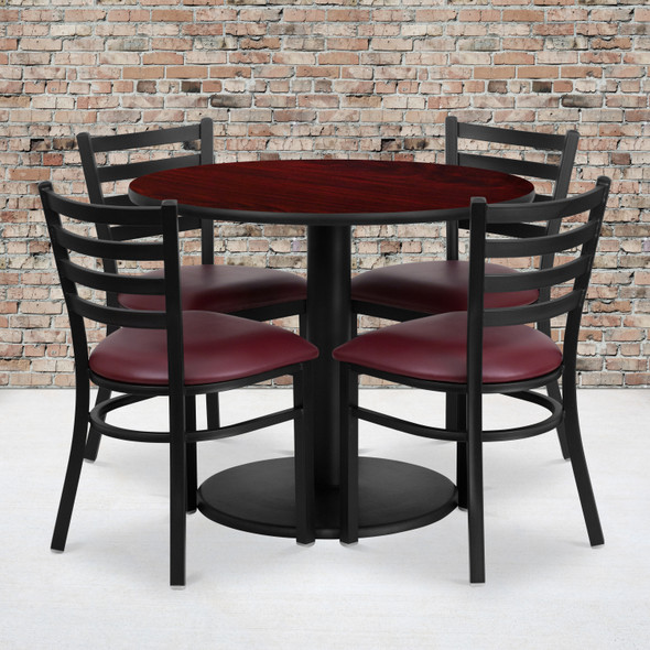 Jamie 36'' Round Mahogany Laminate Table Set with Round Base and 4 Ladder Back Metal Chairs - Burgundy Vinyl Seat