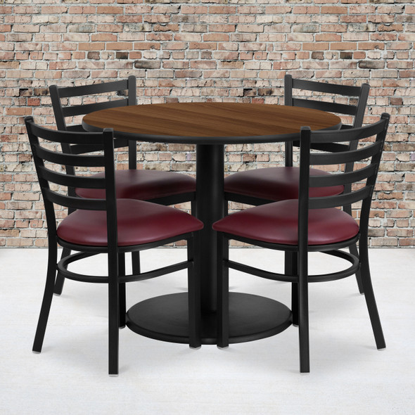 Jamie 36'' Round Walnut Laminate Table Set with Round Base and 4 Ladder Back Metal Chairs - Burgundy Vinyl Seat