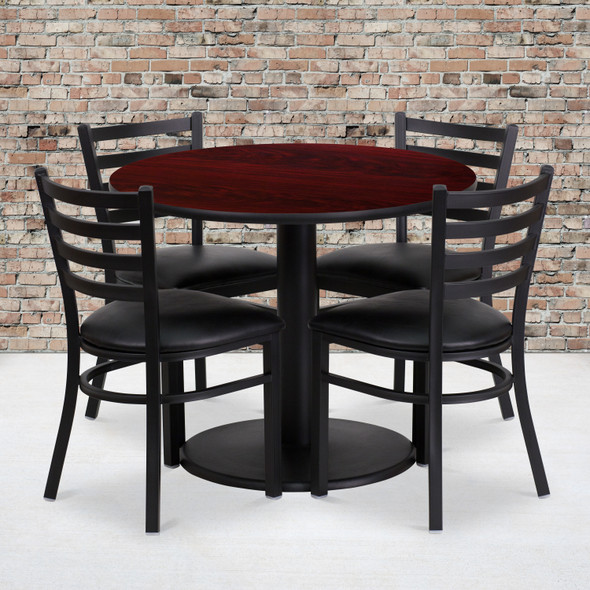 Jamie 36'' Round Mahogany Laminate Table Set with Round Base and 4 Ladder Back Metal Chairs - Black Vinyl Seat
