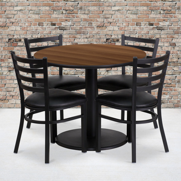 Jamie 36'' Round Walnut Laminate Table Set with Round Base and 4 Ladder Back Metal Chairs - Black Vinyl Seat