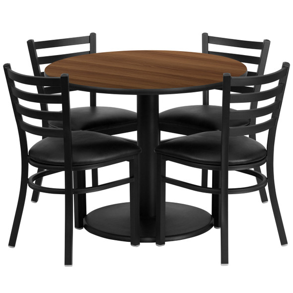 Jamie 36'' Round Walnut Laminate Table Set with Round Base and 4 Ladder Back Metal Chairs - Black Vinyl Seat