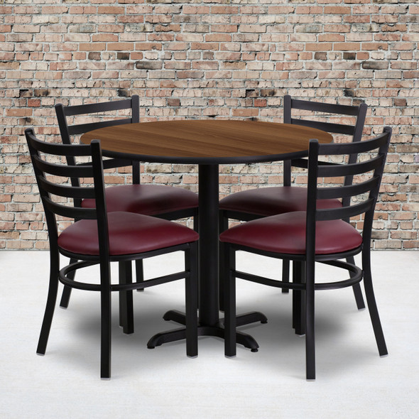 Carlton 36'' Round Walnut Laminate Table Set with X-Base and 4 Ladder Back Metal Chairs - Burgundy Vinyl Seat