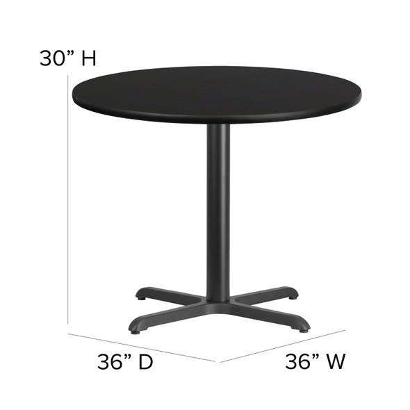 Carlton 36'' Round Black Laminate Table Set with X-Base and 4 Ladder Back Metal Chairs - Black Vinyl Seat