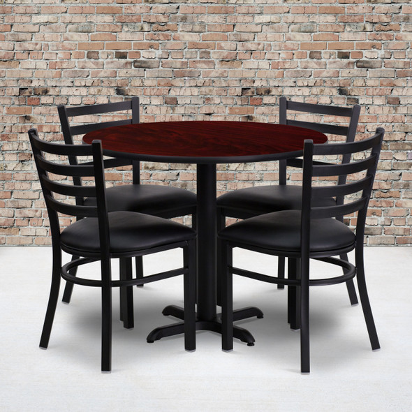 Carlton 36'' Round Mahogany Laminate Table Set with X-Base and 4 Ladder Back Metal Chairs - Black Vinyl Seat
