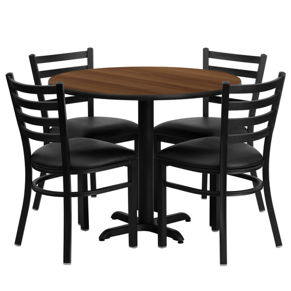 Carlton 36'' Round Walnut Laminate Table Set with X-Base and 4 Ladder Back Metal Chairs - Black Vinyl Seat