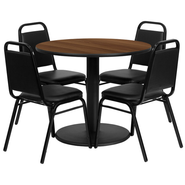 Jamie 36'' Round Walnut Laminate Table Set with Round Base and 4 Black Trapezoidal Back Banquet Chairs