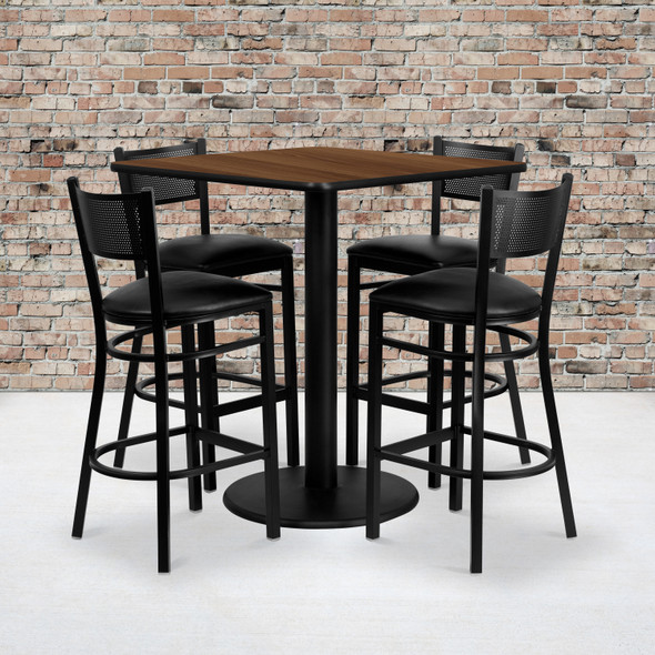 Clark 36'' Square Walnut Laminate Table Set with 4 Grid Back Metal Barstools - Black Vinyl Seat