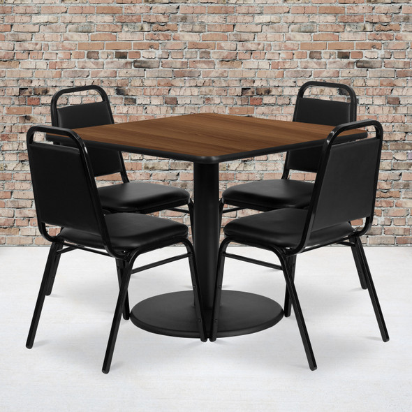 Jamie 36'' Square Walnut Laminate Table Set with Round Base and 4 Black Trapezoidal Back Banquet Chairs