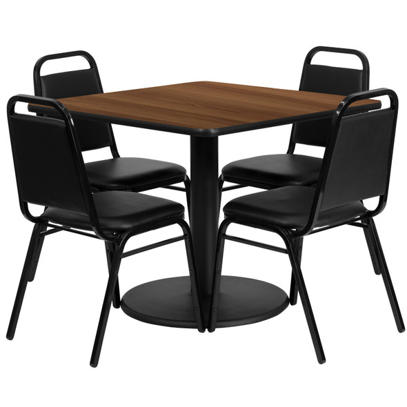 Jamie 36'' Square Walnut Laminate Table Set with Round Base and 4 Black Trapezoidal Back Banquet Chairs