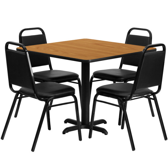 Carlton 36'' Square Natural Laminate Table Set with X-Base and 4 Black Trapezoidal Back Banquet Chairs