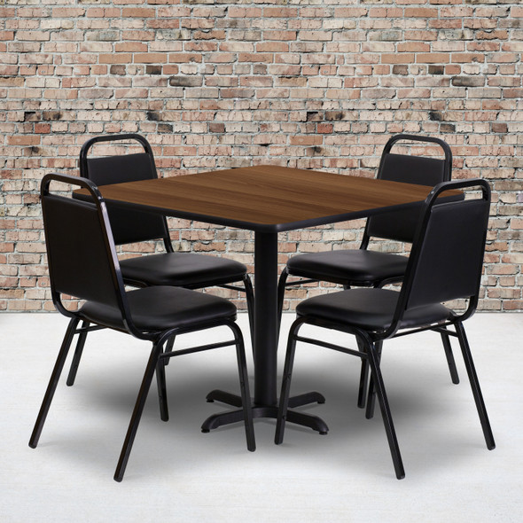 Carlton 36'' Square Walnut Laminate Table Set with X-Base and 4 Black Trapezoidal Back Banquet Chairs