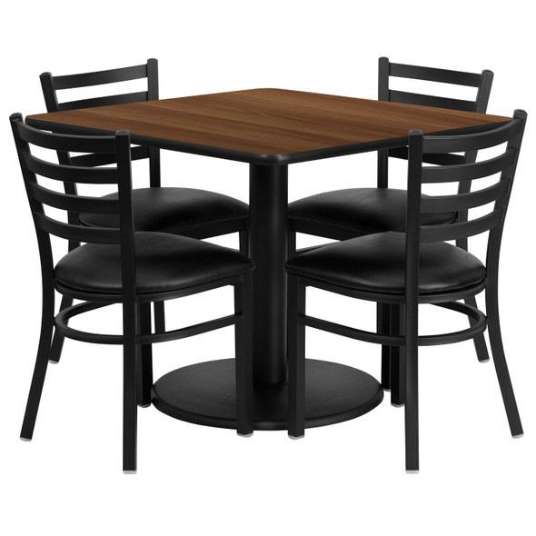 Jamie 36'' Square Walnut Laminate Table Set with Round Base and 4 Ladder Back Metal Chairs - Black Vinyl Seat