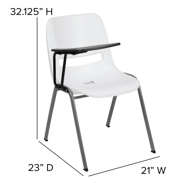 HERCULES White Ergonomic Shell Chair with Right Handed Flip-Up Tablet Arm